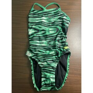 Speedo Fl Wave Wall Crossback Sz 28 Swimsuit Green 7192175-300 ProLT UPF50+